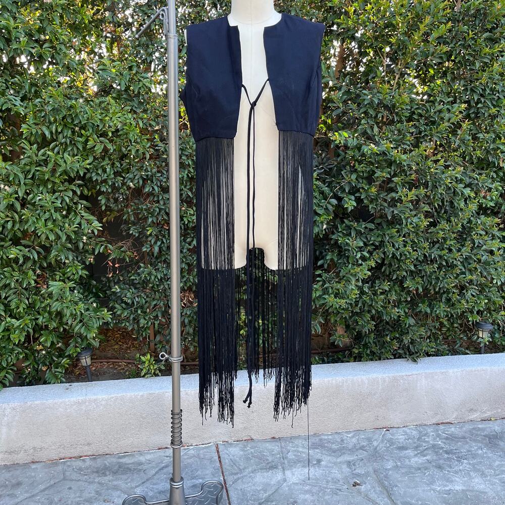 Vintage Black Fringe Vest Long Tassel Open Front Boho Festival Layering Piece